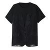 Foto Real de una Camiseta de Manga Corta Falsa de Dos Piezas con Parches Calados, Elegante Diseño de Verano, Top Casual Negro para Mujer