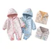 Casaco acolchoado com capuz para bebê em algodão, macacão acolchoado composto para bebê em fleece, macacão de engatinhar para outono e inverno, macacão corta-vento para crianças