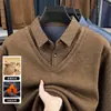 Contiene Lana y SedaCuello en V Falso Dos Piezas Camisa Cálida Suéter Engrosado con Felpa Ropa de Papá Camisa Cálida