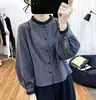 Camisa Xadrez com Manga Lanterna Feminina 2026 Outono Novo Estilo Europeu Patchwork Babado Solta Redutora de Idade Cobertura de Barriga Top