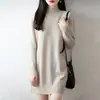 Vestido de punto 100% lana pura con cuello semialto, nuevo invierno 2026 para mujer, color liso, holgado, de cintura alta, midi