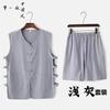 Chaleco sin mangas de lino y algodón con hebilla fina de verano para hombre, chaleco transpirable, pantalones cortos, traje Tang de dos piezas, chaqueta