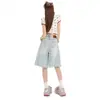 Jeans de pierna ancha con dobladillo crudo desgastado, color Naranja Juvenil # para mujer, corte holgado, adelgazantes, casuales, versátiles, pantalones cropped de pierna recta