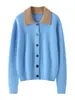 Colección de otoño e invierno: Suéter de punto para mujer 100% cachemira, cuello polo, diseño color block, versátil de doble uso, top cárdigan engrosado