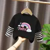 Camiseta de manga larga de algodón puro para niñas, nuevo y elegante conjunto de dos piezas a rayas para primavera y otoño, camiseta básica de retazos con cuello redondo para niños