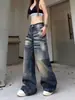 Jeans Retro de Pierna Ancha Estilo Hong Kong para Mujer Área Grande Lavado Blanco Pliegue Lavado a la Piedra Aspecto Desgastado Vibra Retro Pantalones de Largo hasta el Suelo Modernos