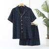 Pijama para Hombre Crepé de Algodón Puro Verano Solapa Manga Corta Pantalones Cortos Estilo Japonés Cuadros Traje Holgado Tallas Grandes Ropa de Casa