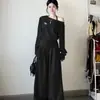 Elegante conjunto de duas peças para mulheres, ombro a ombro, manga longa, outono, estilo estudante, soltinho, modelador, moda coreana, calça de perna larga, casual, esportivo