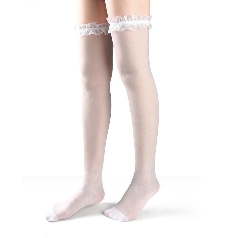 褶皱花边高筒丝袜-白色