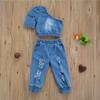 Conjunto para Meninas com Top de Algodão Lavado Jeans com Manga Curta Bufante e um Ombro Só e Calça Jeans Rasgada, Conjunto de Duas Peças para Crianças com Fornecimento Transfronteiriço