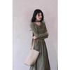 Vestido Largo de Manga Larga con Cuello Oscilante Verde Retro Francés para Mujer, Estilo Primavera y Otoño, Cintura Fruncida, Falda Larga Adelgazante