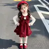 Conjunto de Vestido con Lazo Estilo Coreano para Niñas Estilo Primavera y Otoño 2026 Nuevo Conjunto de Dos Piezas Elegante para Niñas Pequeñas Moderno