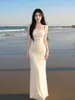 Vestido de Tirante Francés con Volantes Bodycon Adelgazante que Moldea la Cadera para Mujer Vacaciones de Verano Elegante Estilo Puro Deseo Falda Larga