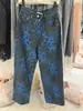Jeans Retro Americano LCD Estampado de Leopardo Azul Pantalones con Estilo High Street Europeo y Americano Lavado Lona Pantalones Cimitarra