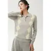 26 Suéter Nuevo de Punto Cachemir para Mujer Cuello Polo Patrón de Diamantes Moda Manga Larga Camiseta Base de Cachemir