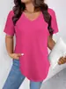 Amazon Ropa Europea y Americana Transfronteriza Verano Nuevo Color Puro Holgado Manga Corta Cuello en V Tejido Talla Grande Holgado Manga Corta Camiseta