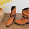 Botines retro de punta, plisados, para mujer, nueva colección otoño/invierno, con hebilla de cinturón, estilo vaquero occidental, tacón grueso, botas de montar