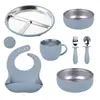 Juego de Vajilla de Acero Inoxidable 304 para Bebés, Plato Dividido con Ventosa, Babero de Silicona, Anticaídas, Juego Completo para Aprender a Comer