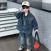Conjunto de Calle de Mezclilla con Bolsillo Redondo para Niños, Estilo Coreano, Primavera y Otoño, para Niños Pequeños, Chaqueta Elegante y Pantalones Dos Piezas Marca de Moda