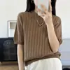 Nuevo estilo de verano, algodón puro tejido, cuello redondo, simple, raya vertical, color liso, versátil, estilo coreano, ajuste ceñido, manga corta, top para mujer