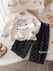 Traje de Moda para Niñas Primavera y Otoño Nuevo Lindo Sudadera con Estampado de Dibujos Animados Estilo Coreano Suéter de Encaje Conjunto de Dos Piezas