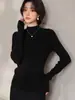 Tricô Feminino Outono/Inverno Gola Meia-Alta Manga Longa Camada Interna Top Base Suéter Azul Azul Céu Tamanho Único Cor Aveia