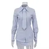 Conjunto de Saia e Camisa Listrada Estampada Feminino Novo Mais Vendido Camisa de Lapela Manga Longa Conjunto de Duas Peças para o Trabalho