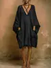 Vestido Holgado de Algodón y Lino con Cuello en V, Estilo Nuevo 2026, Cubrebikini Estilo Bohemio para Playa, Ropa para Mujer Estilo Vacaciones Transfronterizo