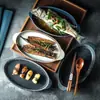 Plato Cerámico Vintage Estilo Japonés para Pescado al Vapor Doble Asa Patrón Vertical Ovalado Largo Plato para Restaurante Forma de Huevo Plato para Comedor del Hogar Disponible
