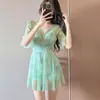 Nuevo Traje de Baño Enterizo con Falda Estilo Coreano Tallas Grandes para Mujer, Conservador, Cubre Vientre, Adelgazante, Push-Up, para Aguas Termales y Vacaciones, Traje de Baño Tallas Grandes para Chicas Gorditas
