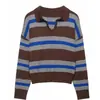 Bestseller transfronteiriço do AliExpress europeu e americano: Blusa de tricô com gola polo listrada, estilo de garota sexy retrô americana