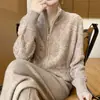 26º Nuevo Cárdigan de Punto de Cuello Alto para Otoño/Invierno de Manga Larga para Mujer con Doble Cremallera de Color Sólido Bordado de Toalla Chaqueta Cálida Top