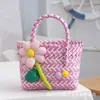 Bolsa Colorida de Palha Cesta de Legumes Bolsa Acessórios de Flores Bolsa Colorida de Palha Contrastante Grande Capacidade Bolsa de Mão para Piquenique Férias Praia
