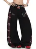 Pantalones deportivos de moda estilo americano con estampado de rayas de notas musicales y diseño curvo, unisex, de doble cintura, corte holgado y pierna ancha