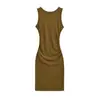 Vestido Midi Bodycon Ajustado al Cuerpo de Cuello Redondo sin Mangas con Pliegues Estilo Puro Deseo, Elástico Ajustado de Color Sólido para Mujeres