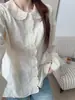 Otoño 2026 Nuevo Estilo Japonés Jacquard Bordado Cuello Solapa Camisa Cardigan Blanco Color Sólido Manga Larga para Mujer