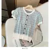 Suéter de Punto Cuadros Dulces Cuello Redondo Mangas Abullonadas Otoño Nueva Era Aspecto Adelgazante Reductor de Edad Top de Botones Individuales para Personas Pequeñas