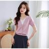 Top Camiseta de Punto de Seda de Hielo Falso de Dos Piezas para Mujer de Manga Corta 2025 Verano Nuevo Estilo Coreano Moda Casual Slim Cuello en V