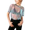 2026 Aliexpress Mais Vendido Estilo Europeu T-shirt de Malha com Renda a Laser de Manga Curta Casual Transparente para Mulheres, 5 Cores 4 Tamanhos