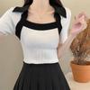 Nuevo Top de Punto de Manga Corta con Diseño de Cuello Cuadrado Primavera/Verano 2026 Moda Femenina Estilo Coreano Top Ajustado con Bloques de Color