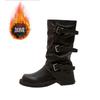Botas de Cuero con Hebilla Cuadradas y Brillo Ámbar, Estilo Nuevo Otoño e Invierno 2026, con Piernas de Pantalón Apiladas Estilo Western para Mujer