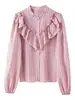 Nueva Moda Primavera y Verano Estilo Europeo y Americano Diseño de Volantes Moda Rayas Decorativas en Capas Camisa para Mujer Mangas Largas Rosa