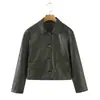 Chaqueta Abrigo de Mujer Estilo Retro Americano Verde Oscuro Piel Sintética con Relieve de Cocodrilo Solapa Corta de un Solo Botón