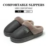 Pantuflas de algodón con puntera impermeable de PU, engrosadas con forro de felpa, pantuflas de cuero antideslizantes y resistentes al desgaste para interiores, unisex, para uso en casa, y diseñadas para mantener los pies calientes