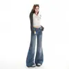 Jeans flare azul retrô de cintura baixa para mulheres, estilo americano, não apertado, elástico, calça boca de sino de perna reta