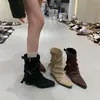 Botas de mujer con tacón grueso, ante retro, botas de media caña color caqui, botas de tacón apilado estilo Western, colección otoño 2026, botas de montar estilo francés