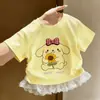 Camiseta de Manga Corta Dopamina Dibujos Animados para Niña Verano Estilo Coreano Bebé Niña Encaje Casual Versátil Elegante Top