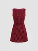 Vestido Curto Elegante Retrô de Bolinhas sem Mangas Estilo Europeu e Americano para Mulheres, Decote Canoa de Alto Padrão, Ajuste na Cintura, Emagrecedor, Linha A