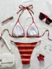 Maiô feminino de três peças, listrado multicolorido, biquíni triângulo popular com alças, biquíni sexy para férias na praia