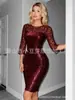 Vestido feminino de comprimento médio plus size europeu e americano, exportação, sexy, costura, malha, lantejoulas, justo, manga três quartos